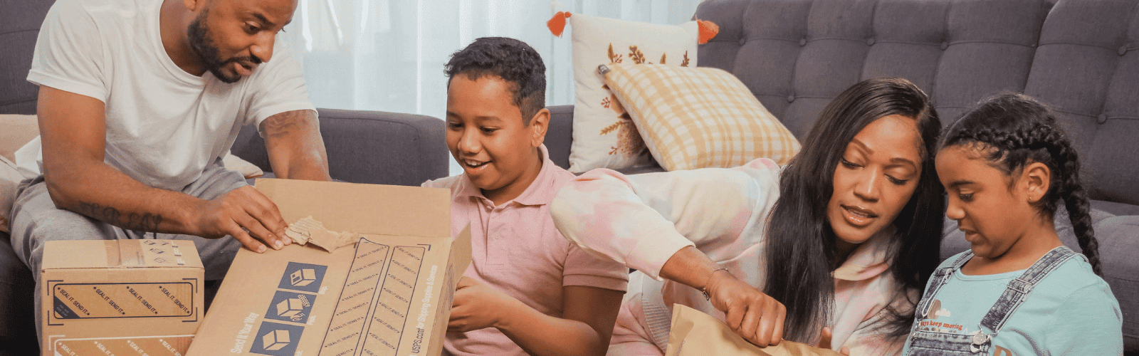 Happy consumers after a satisfying online shopping, opening the deliver products.