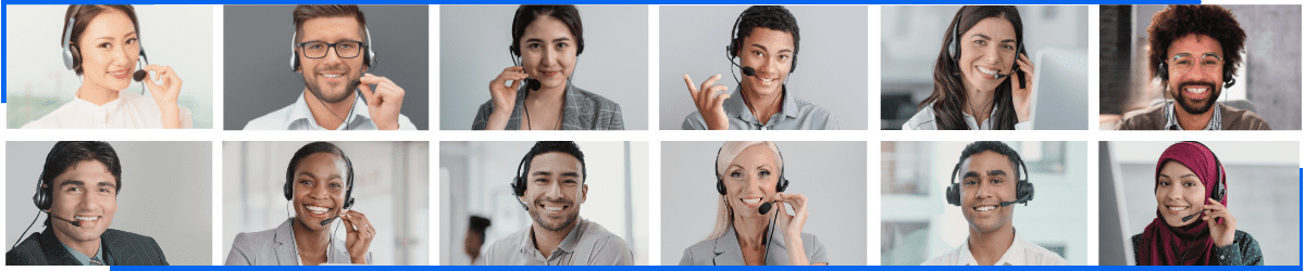 Images of happy contact centre agents augmented by AI solutions.
