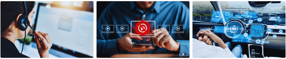 Images presenting the industries where data annotation is critical: customer experience, content moderation, managing autonomous vehicles.