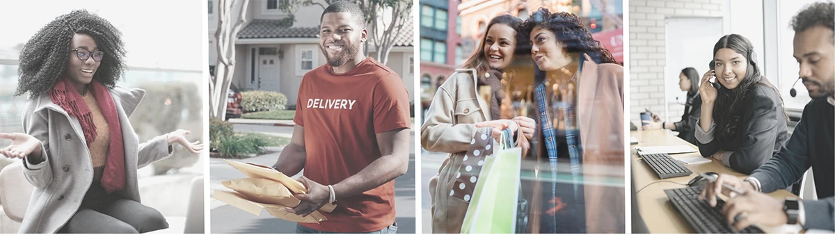 Images presenting a happy online customer, a skilled delivery man, two women excited about the store window, and expert call centre agents