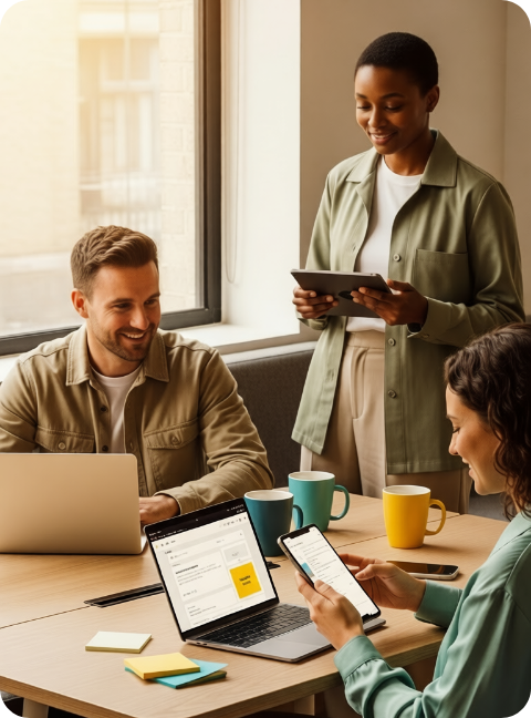 Small group of coworkers working together using laptops and computers.